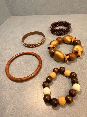 Wooden and Metal Bracelet Set - Natural Tones